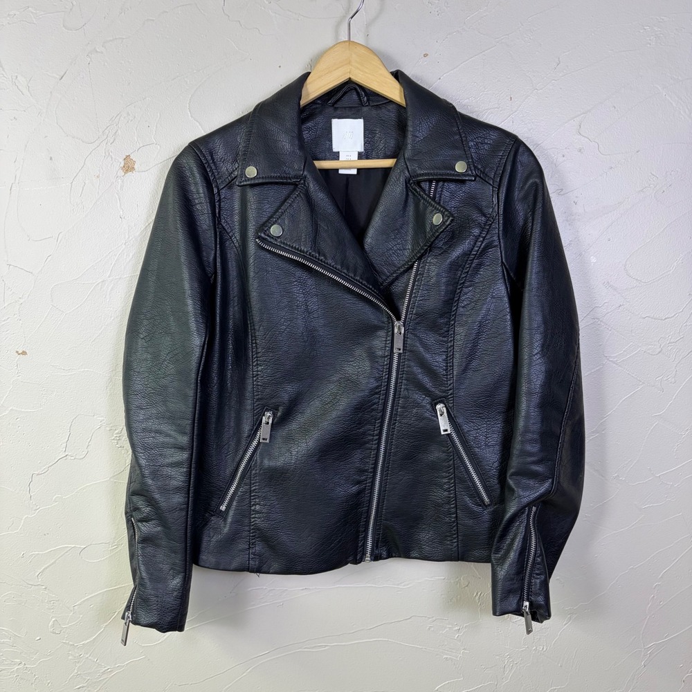 H&M Moto Biker Jacket Women Size 8 Black Faux Leather Zip Edgy Streetwear